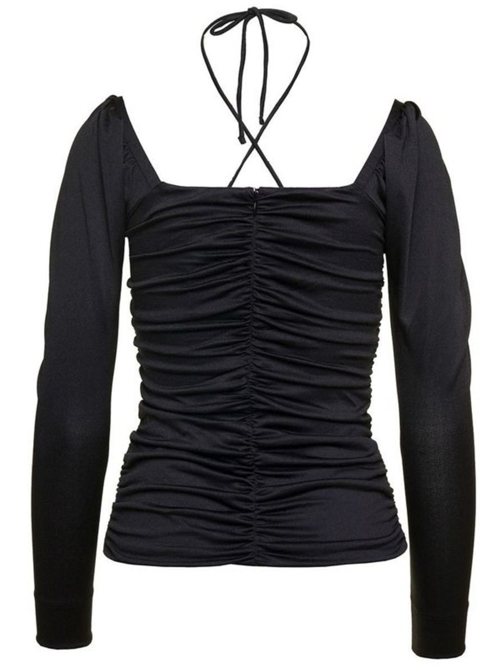 Ganni Black Ruched Long-Sleeve Halter Top - Picture 2 of 7